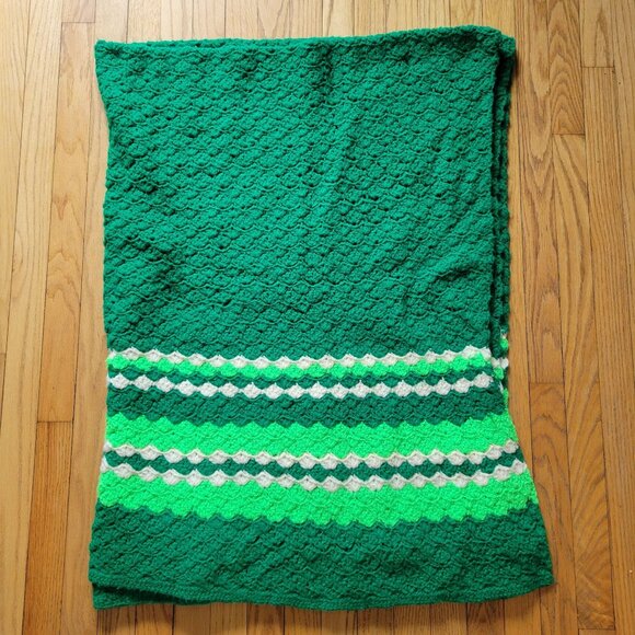 Green Handmade Crochet Blanket With Striped Pattern 54x72 - Picture 1 of 3
